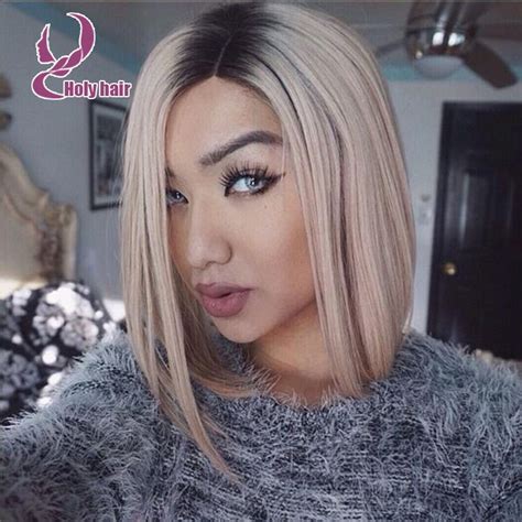Short haircut ombre blonde lace wig human dark roots ...