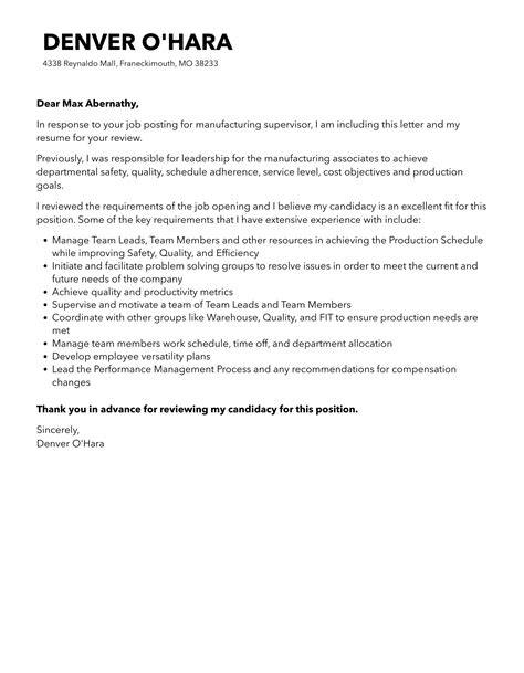 Manufacturing Supervisor Cover Letter | Velvet Jobs