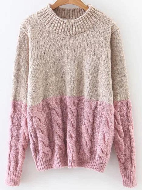 Khaki Color Block Cable Knit Sweater Sweaters Cable Knit Sweaters