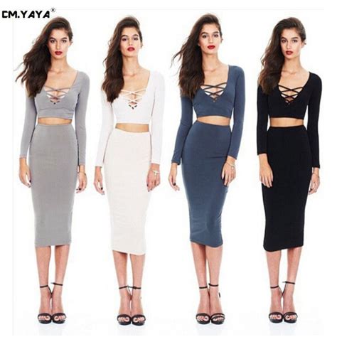 cmyaya 2016 new women sexy spring 4 colors full sleeve lace up v neck bodycon knee length
