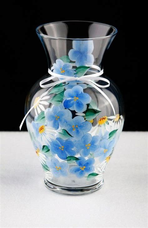 Hand Painted Vase Blue Floral With Daisies Hand Painted Vases Painted Vases Painted Glass Vases
