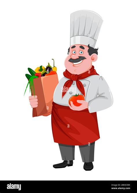 Handsome Chef Cartoon Character Holding Paper Bag With Vegetables