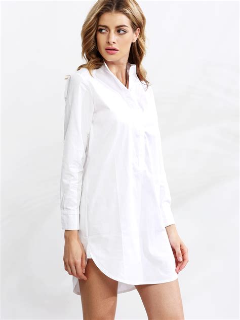 White Stand Collar Shirt Dress Sheinsheinside