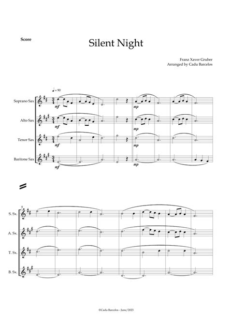 Silent Night Saxophone Quartet Sheet Music Franz Xaver Gruber