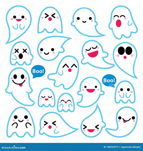 Cute Vector Ghosts Icons Halloween Design Set Kawaii Blue Stroke