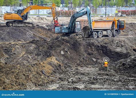 Excavator Digging Foundation Of The Building Editorial Stock Image
