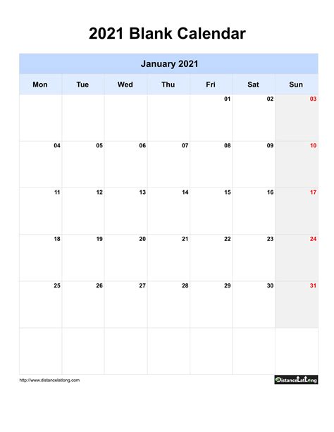 Free Monthly Printable Blank Calendar For January 2021 Monday To Sunday
