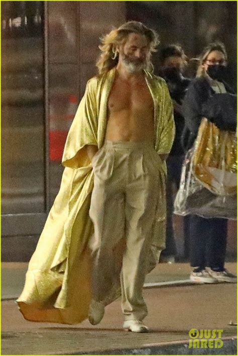 Chris Pine Goes Shirtless In A Gold Robe On The Set Of Poolman In