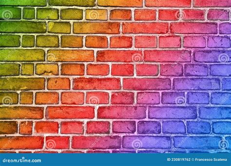 Colorful Brick Wall Background With Multi Colored Rainbow Effect Stock