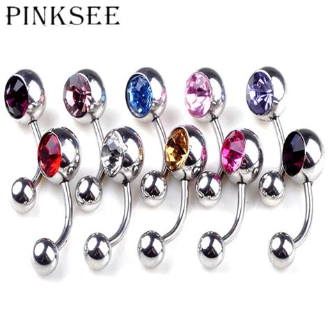 Pinksee 2pcs Piercing Navel Surgical Steel Single Crystal Rhinestone Belly Button Rings Navel