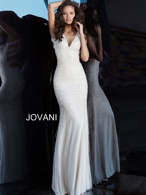 Jovani Nude Long Embellished V Neck Prom Dress