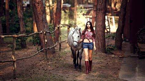 Wallpaper Id 168738 Fence Brunette Cowgirl Boots Trees Horse