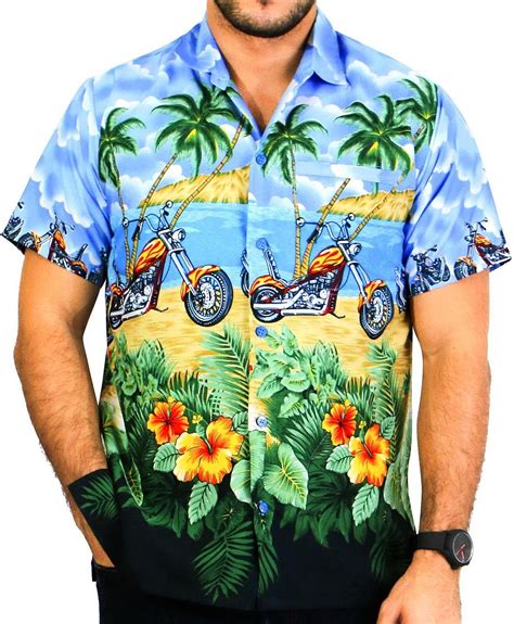 XL Manga Corta Delante de Bolsillo Impresión Hawaiana Casual Regular Fit Camisa de Hawaii Azul