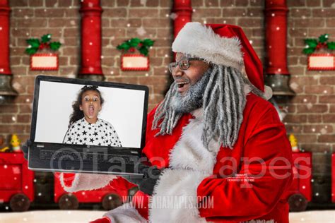 Black Santa With Laptop Black Santa Remote Virtual Visit Scene Zoom