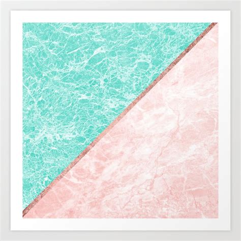 Turquoise Teal Pink Rose Gold Geometrical Marble Art Print By Pink