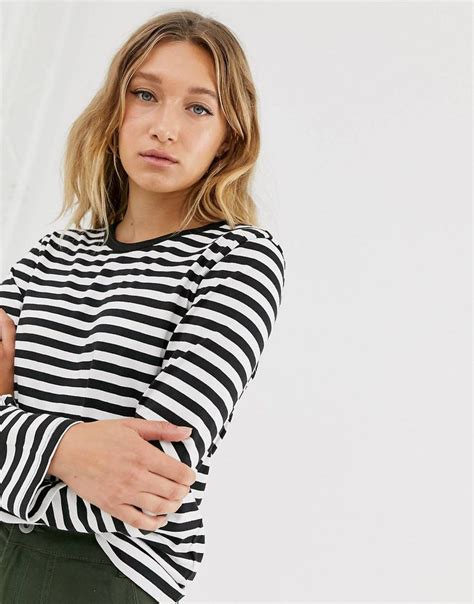 Monki Organic Cotton Long Sleeve Crew Neck Top In Black And White