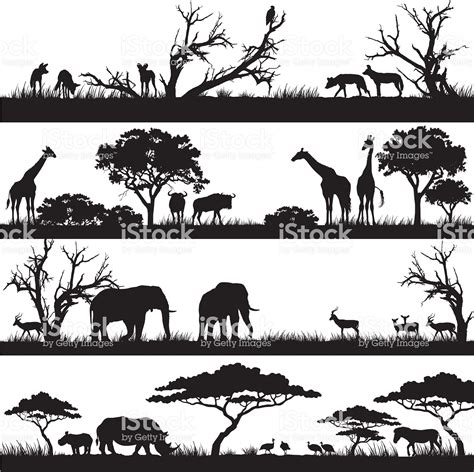Four Panels Of African Silhouettes With African Wild Animals In