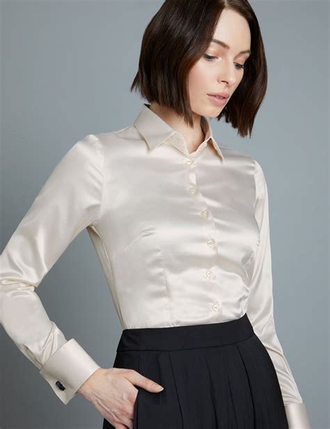 Womens Cream Fitted Satin Shirt Double Cuff Hawes And Curtis