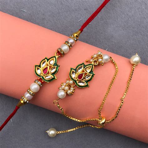 Kundan Lotus Design Bracelet And Dora Rakhi Combo Buy Online Bhaiya