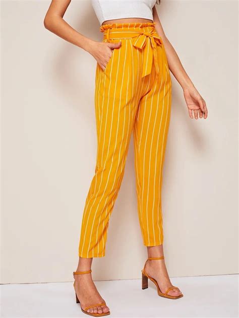 Women Striped Belted Paperbag Trouser Pants Trouser Pants Paperbag Trousers Pants