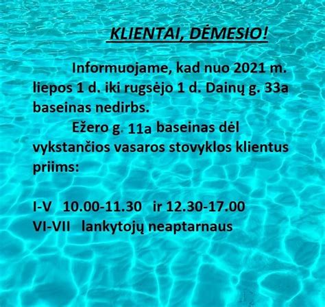 Lankymo laikas nuo liepos 1 osios Šiaulių plaukimo centro Delfinas