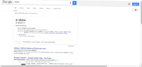 Askew (adv.) in an oblique position, 1570s, of uncertain etymology; 10 Google cool tricks that you'd love to know - ICT BYTE