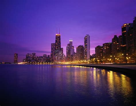 Usa Illinois Chicago Skyline And Lake Michigan Night Photograph By