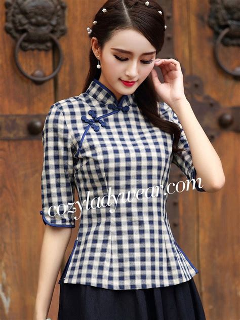 Plaid Qipao Tang Shirt With Half Sleeve Cozyladywear