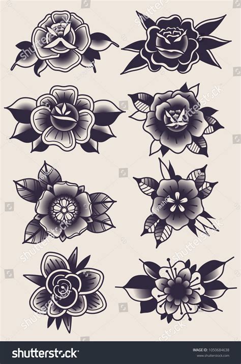 Vector Black Flowers Traditional Tattoo Designs Традиционные тату