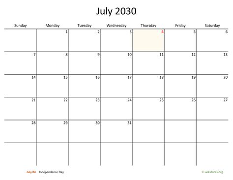 July 2030 Calendar With Bigger Boxes