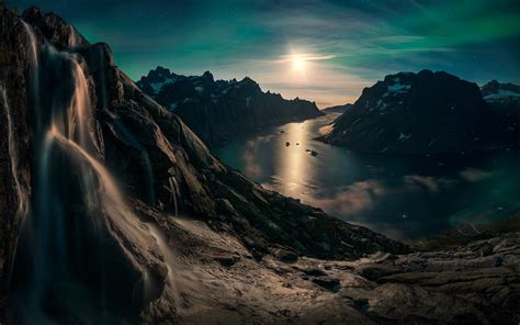2100x1315 Nature Landscape Moon Waterfall Sky Mountain Fjord Snowy