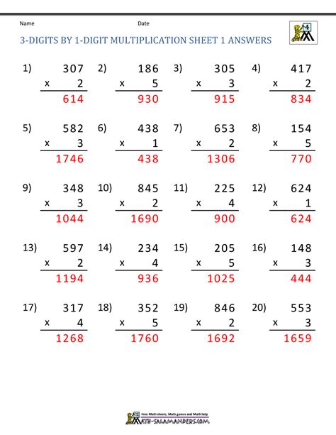 3 Digit By 1 Digit Multiplication Worksheets Pdf