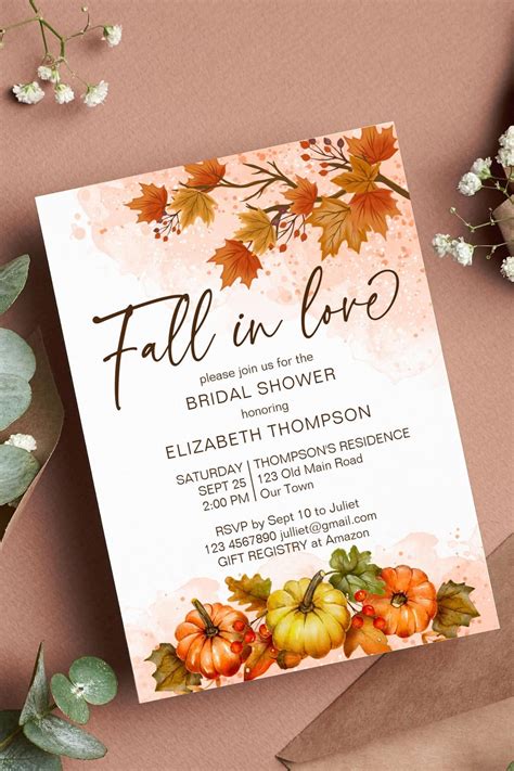 Fall In Love Bridal Shower Invitation Template Autumn Foliage Pumpkins