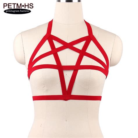 womens sexy pentagram harness body cage bra red strappy tops bustier bondage goth lingerie
