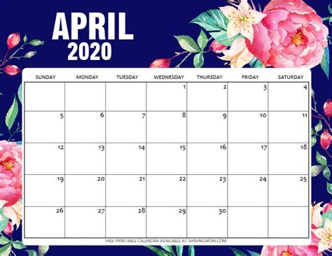 Free Printable April 2020 Calendar 12 Awesome Designs Printable