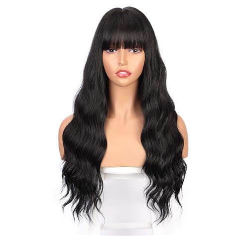 entranced styles long black wig with bangs wavy hair wigs for women heat resistant synthetic