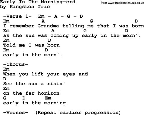 Kingston Trio Song Early In The Morning Lyrics And Chords