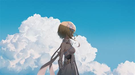 Wallpaper Anime Girls Clouds Sky Yellow Hair Armored Scarf
