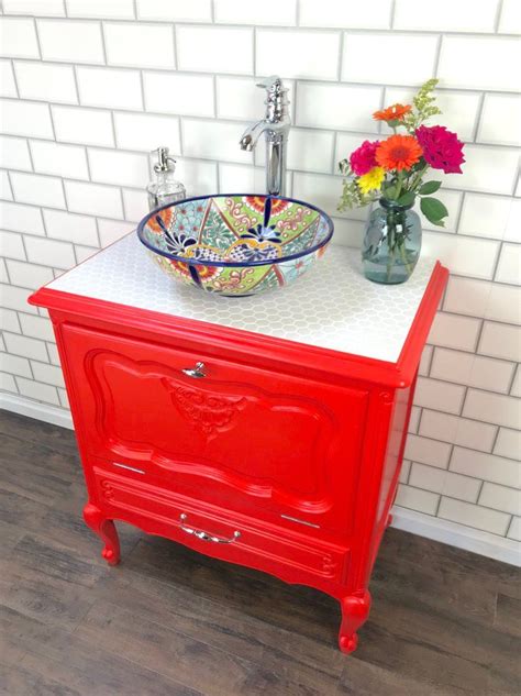 Well you're in luck, because here they come. Image of Red Vintage Vanity Unit with Hand Painted Vessel ...
