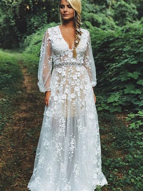White Lace Illusion Long Sleeve Boho Wedding Dresses Ab1512 Long