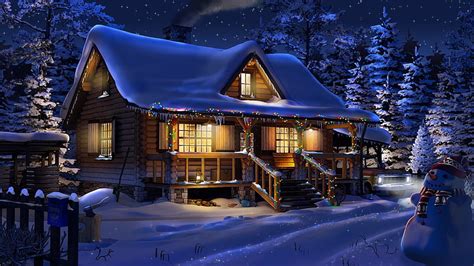 Christmas House In Forest Christmas Snow Home Snowman Lights