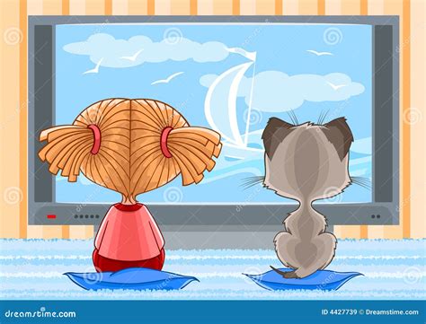 Girl And Kitten Watching Tv Stock Vector Illustration Of Telecast