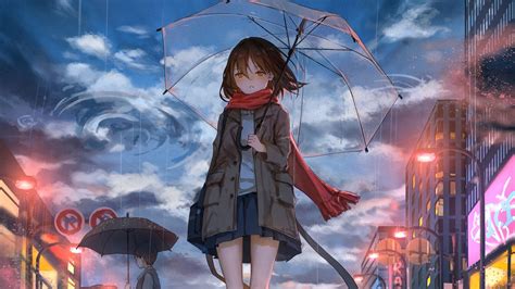 Download Wallpaper 1920x1080 Girl Umbrella Anime Rain Sadness Full