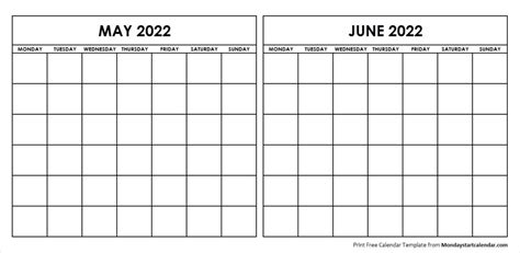 Two Month May June 2022 Calendar Blank Two Months Template