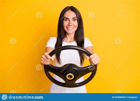 Portrait Photo Crazy Brunette Keeping Steering Wheel Practising Driver