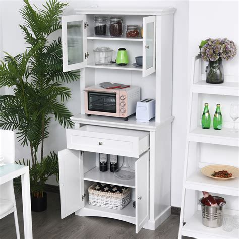 Homcom Tall Kitchen Storage Cabinet Wooden Cupboard W Adjustable