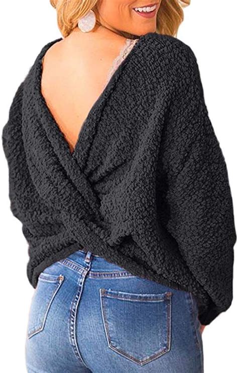 Sidefeel Women Criss Cross Backless Fuzzy Sweater Pullover Tops Long