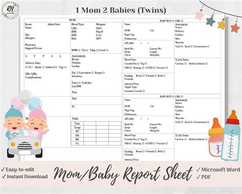 Mom And Baby Nurse Brain Report Sheet For 1 Mom 2 Babies Twins Etsy