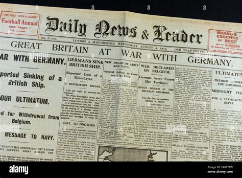 Replica Newspaper At The Start Of World War One The Front Page Of The