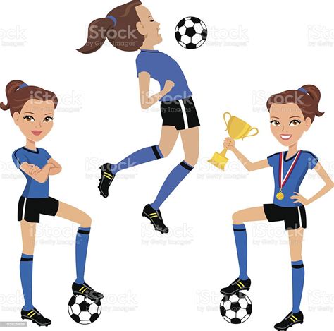 Girl Playing Soccer In Three Poses Cartoon Illustration Stock Vector